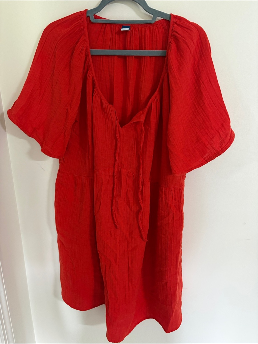 Old Navy Red Peasant Tunic Dress with Tie Neck